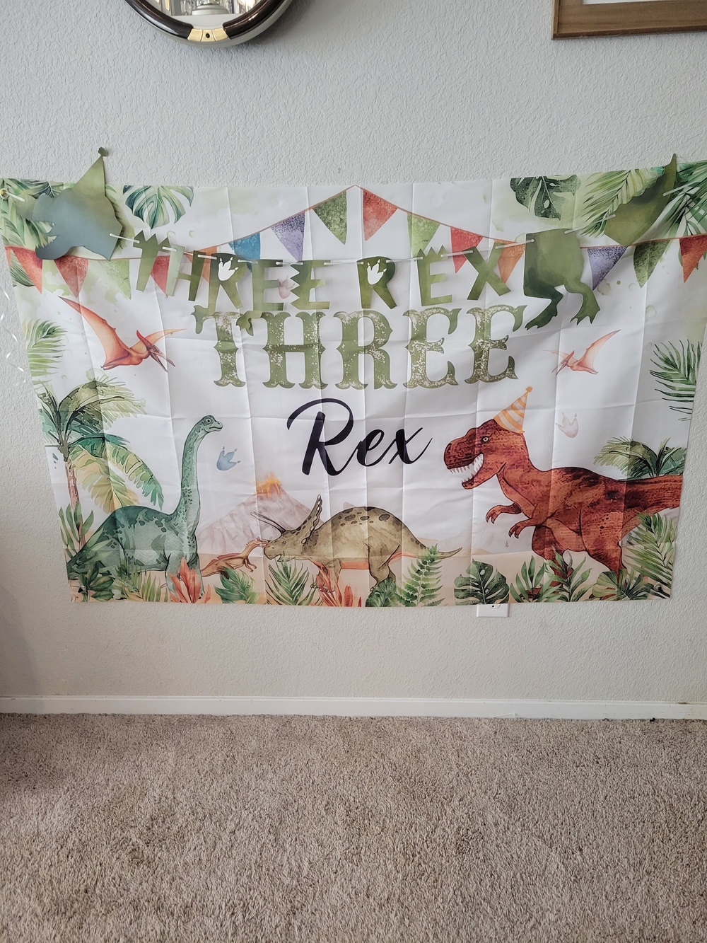 Personalized 'Three Rex' Dinosaur Wall Banner in Green and Brown